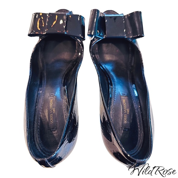 Louis Vuitton Blue Nuit Monogram Vernis True Bow Peep Toe Platform Pumps 37.5 - Picture 7 of 16